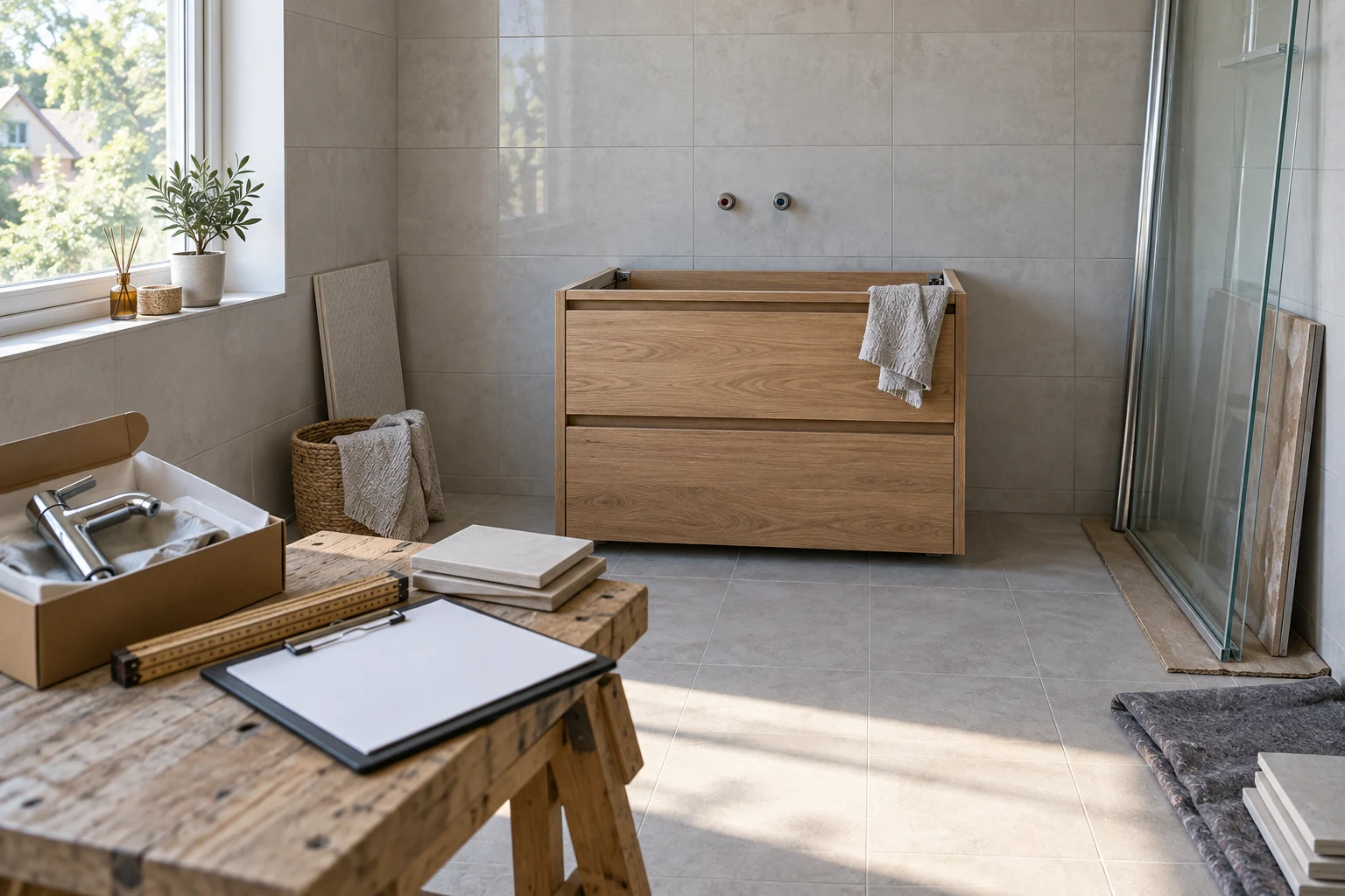 Badrum under renovering med omonterad kommod, duschglas, kakelprover och skrivplatta.