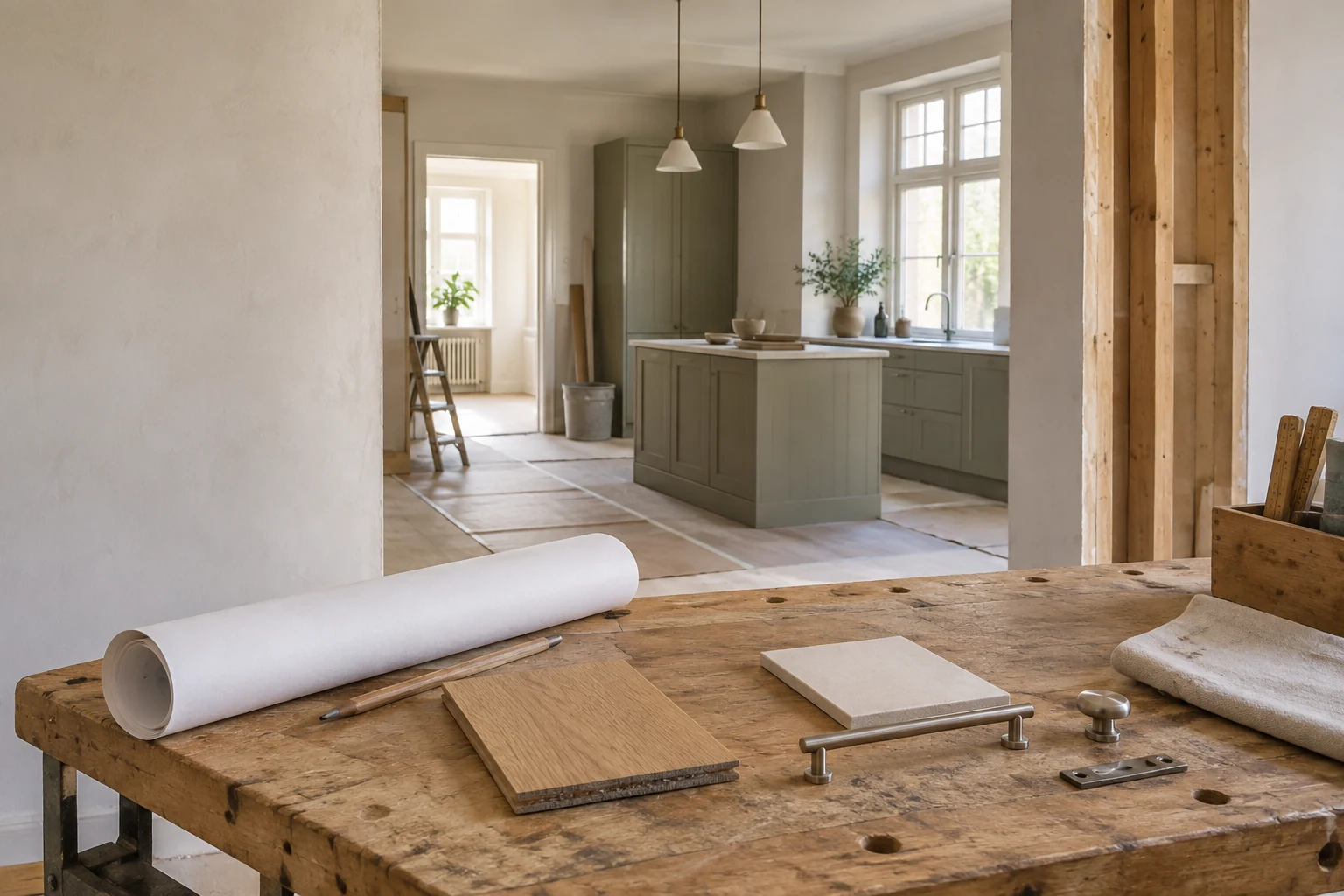 Materialprover och ritningsrulle på en arbetsbänk framför ett kök under renovering.