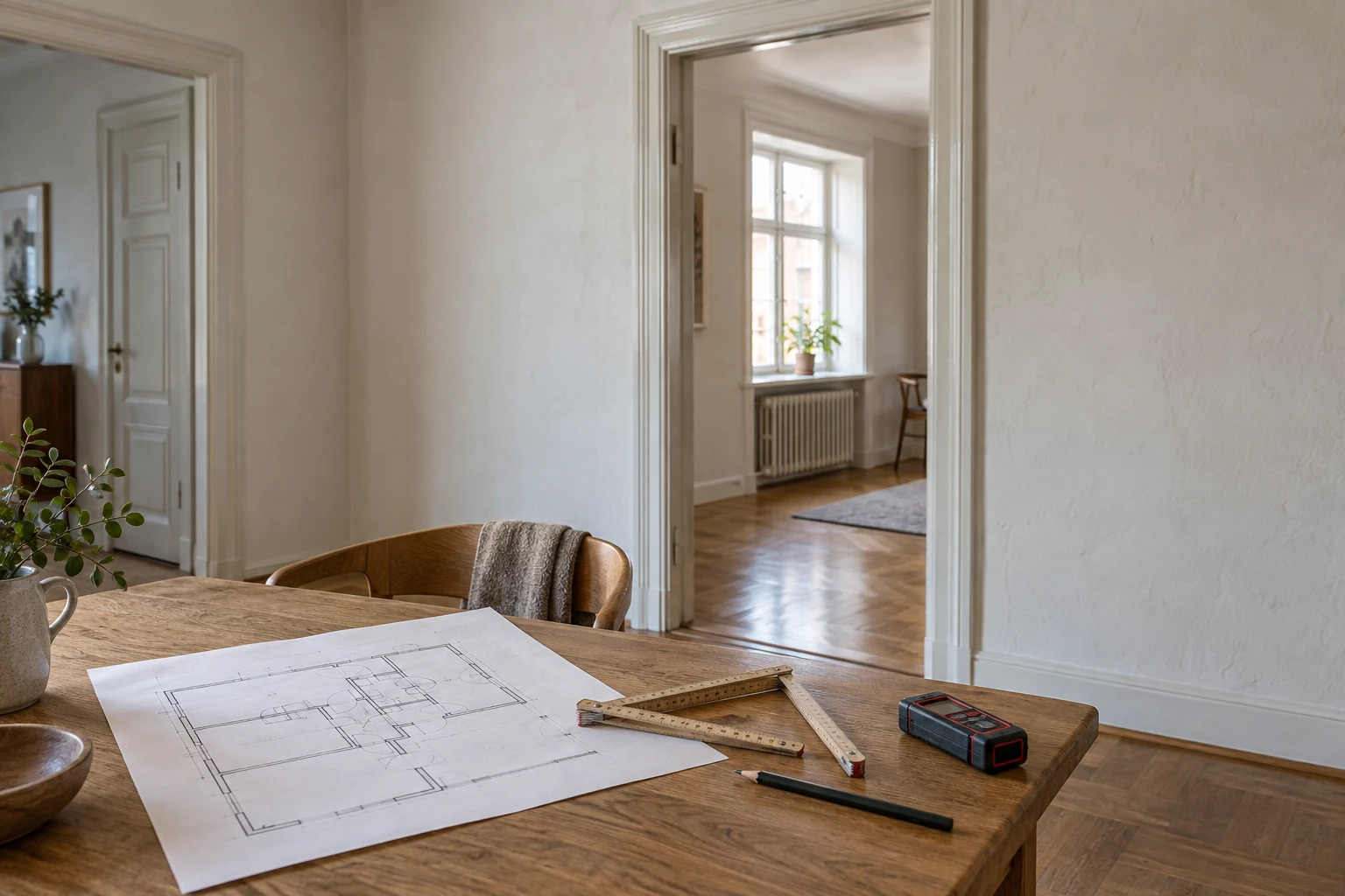 Ritning och måttverktyg vid en innervägg inför planering av renovering.