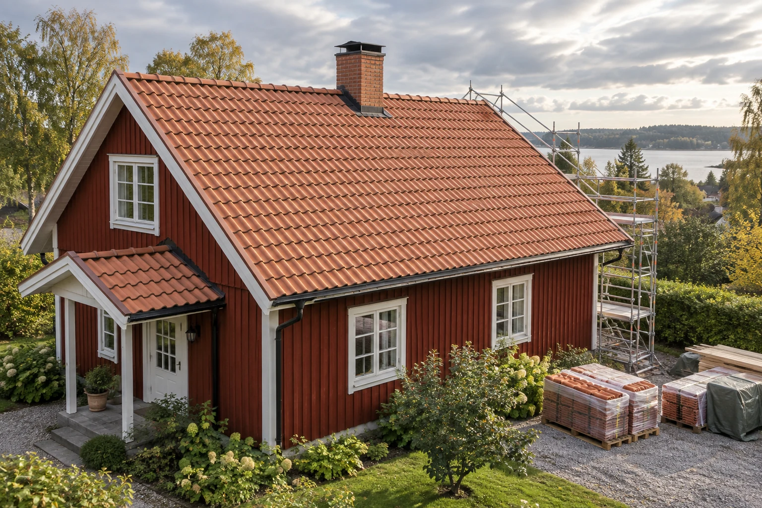 Röd trävilla med tegeltak, byggställning och takpannor på pallar inför ett takbyte.