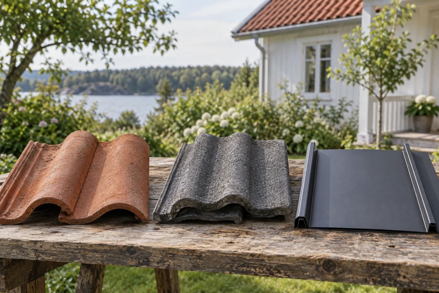 Prover av röda tegelpannor, grå betongpannor och falsad plåt på en träbänk.
