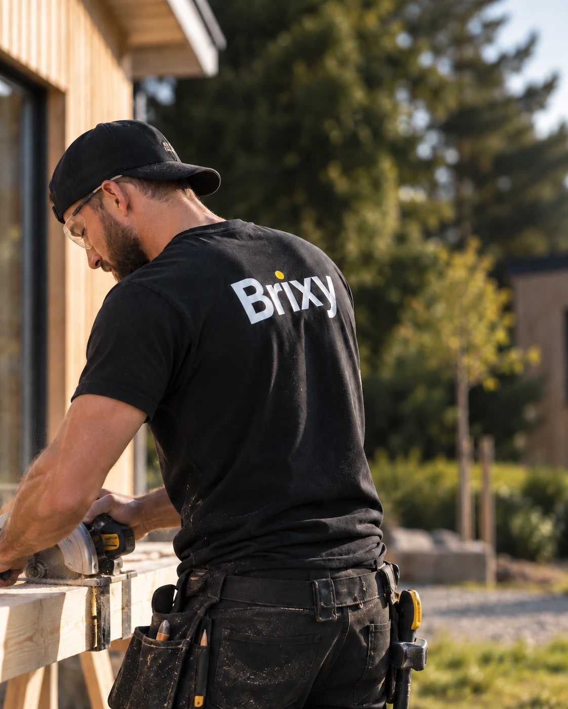 Hantverkare i Brixy-tröja arbetar med en trävilla