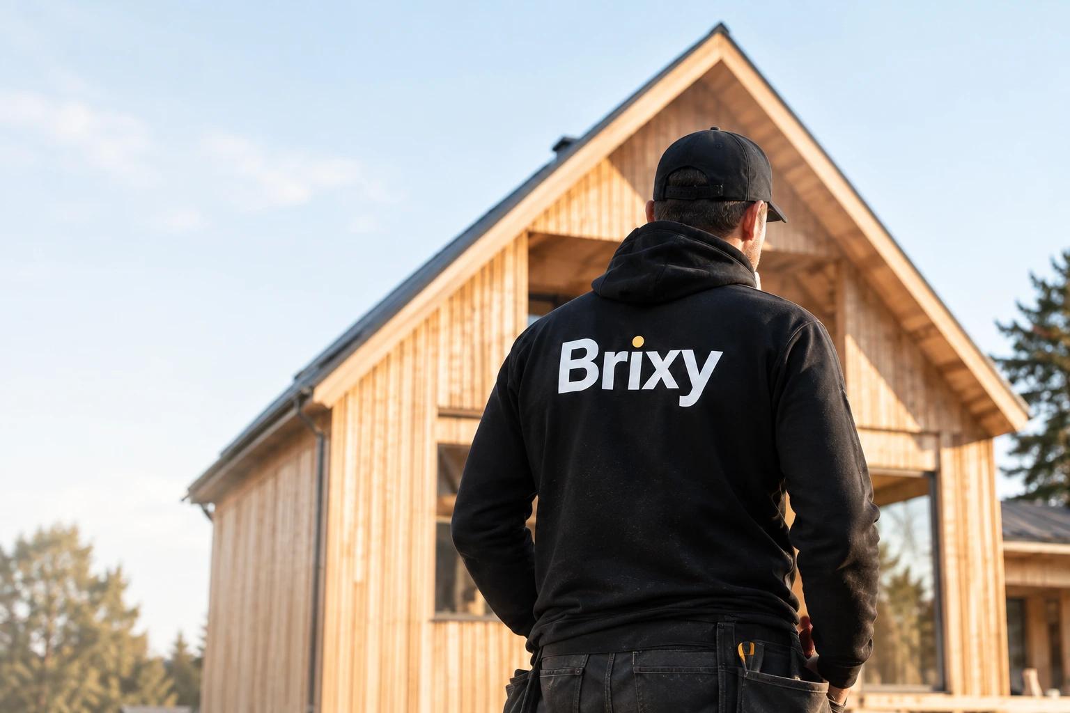 Hantverkare i svart Brixy-tröja framför en svensk trävilla