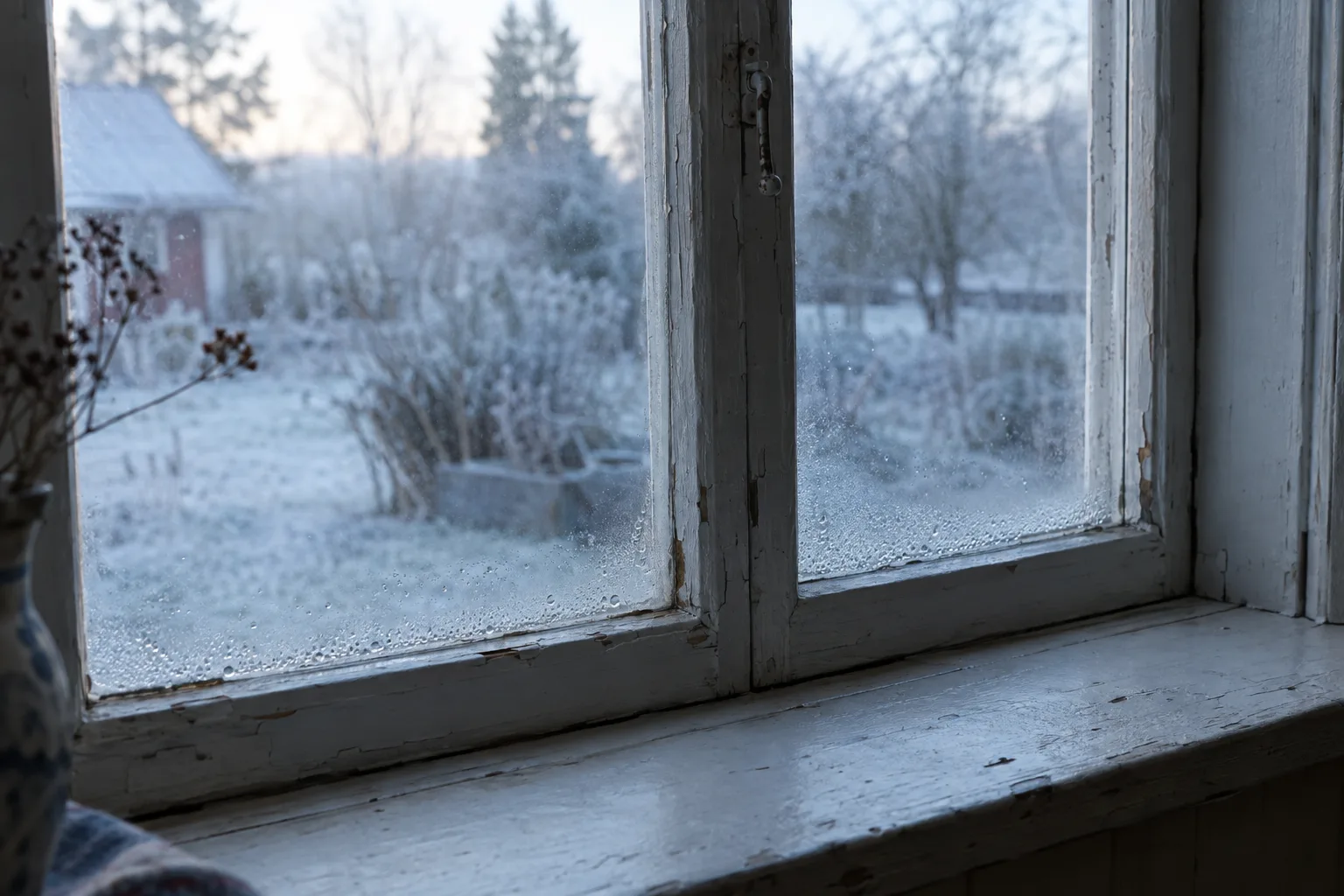 Äldre vitmålat träfönster inifrån med kondens längs nederkanten och sliten färg.