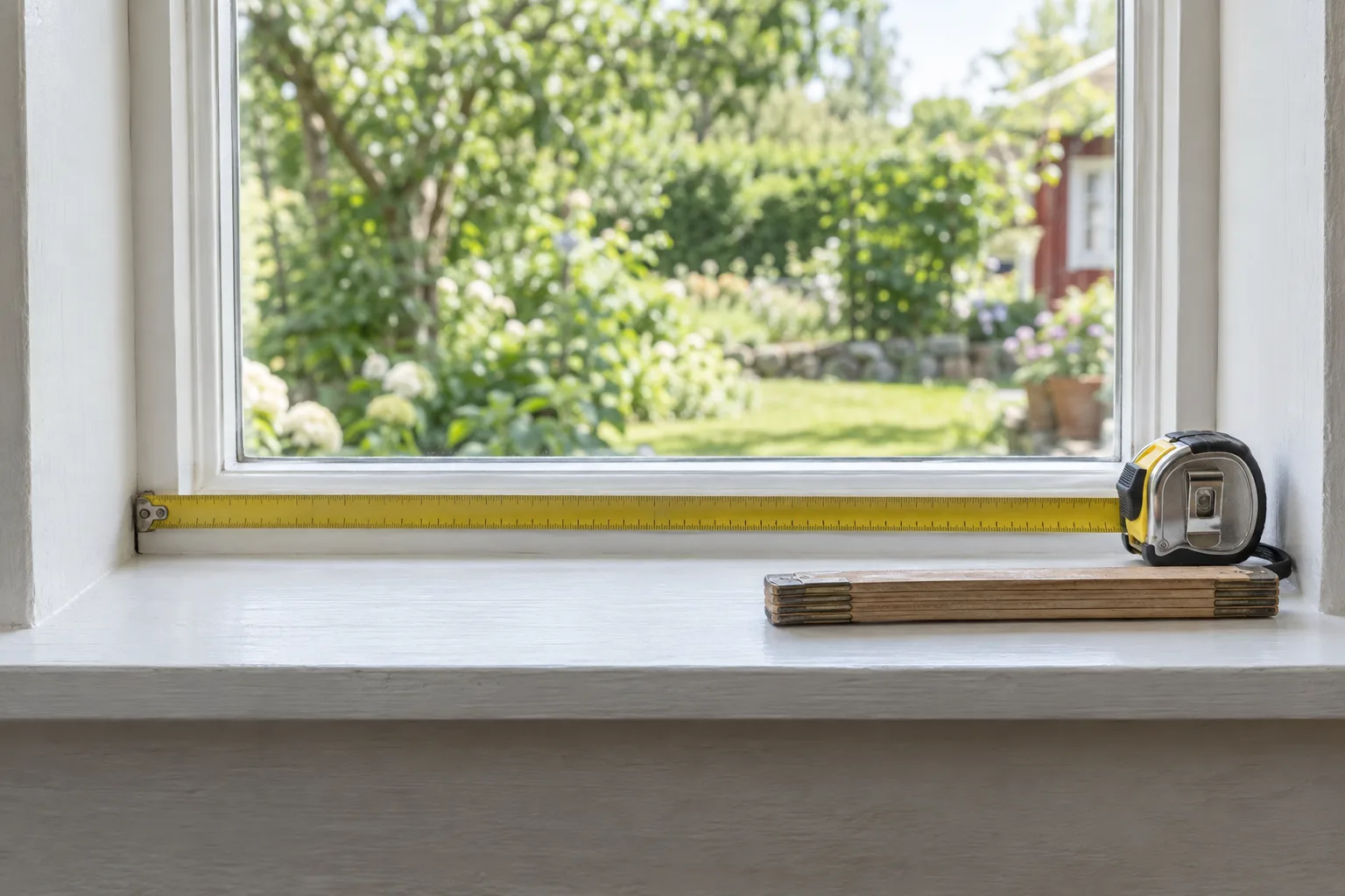 Måttband och tumstock på en fönsterbräda framför ett fönster mot en grönskande trädgård.