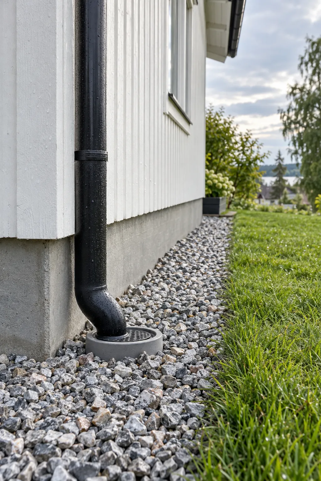 Husknut med svart stuprör som leder ner i en dräneringsbrunn i gruskanten längs grunden.