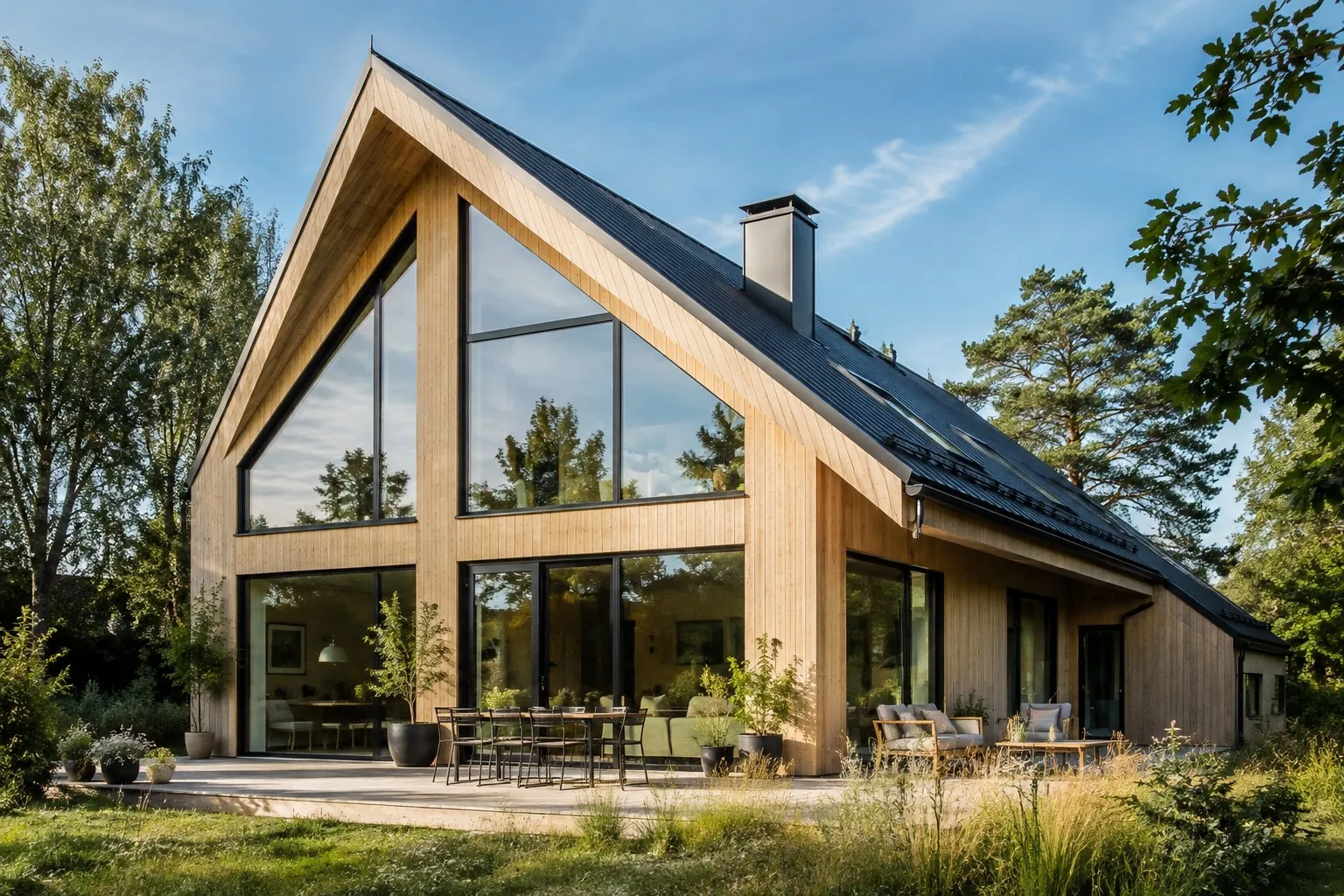 Modern svensk trävilla med stora fönster