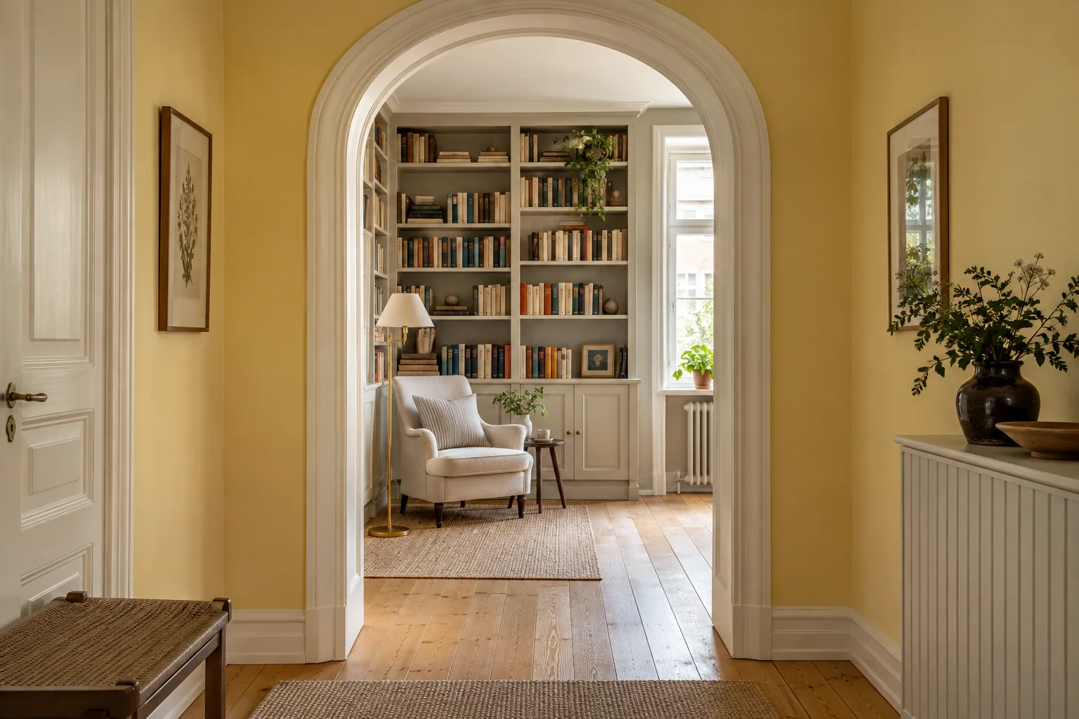 Restaurerad valvbåge mellan en ljusgul hall och ett litet bibliotek med läsfåtölj.