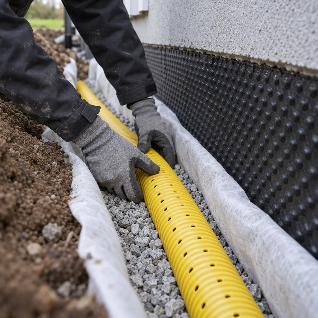 Händer i arbetshandskar lägger ett gult dräneringsrör i grus och fiberduk intill en grundmur med svart skivmatta.