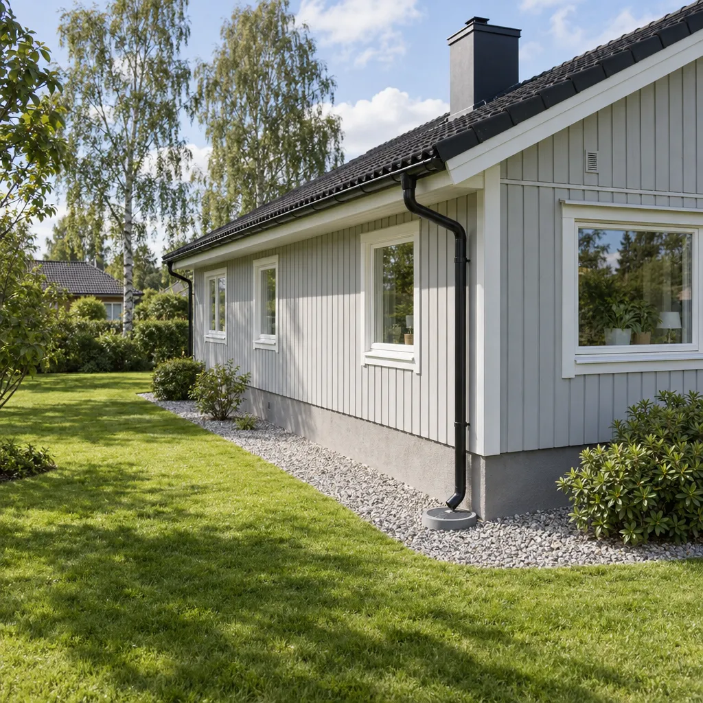 Ljusgrå villa med svart tegeltak och nyanlagd gruskant längs grunden, där stuprören leder ner i dräneringsbrunnar.