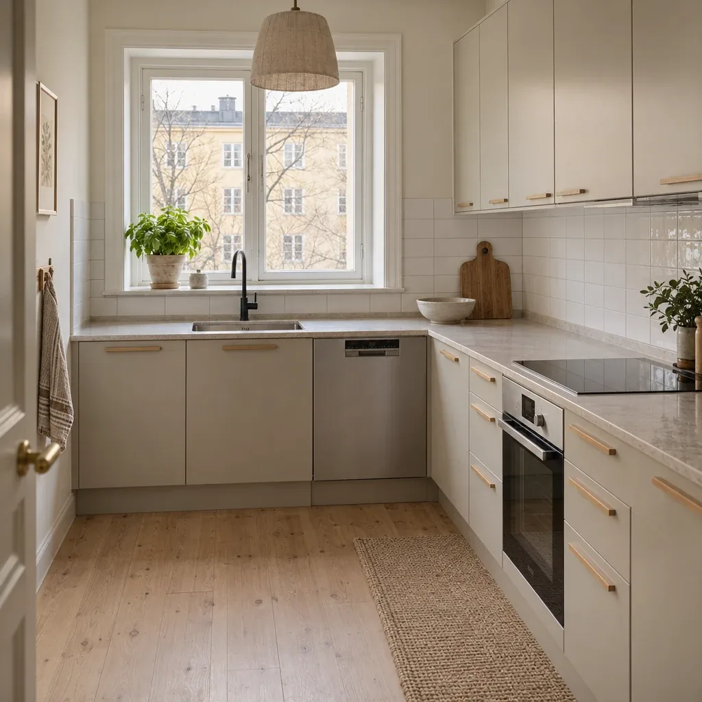 Nyrenoverat lägenhetskök med beige luckor, ljus stenbänkskiva, vitt kakel och fönster mot gården.