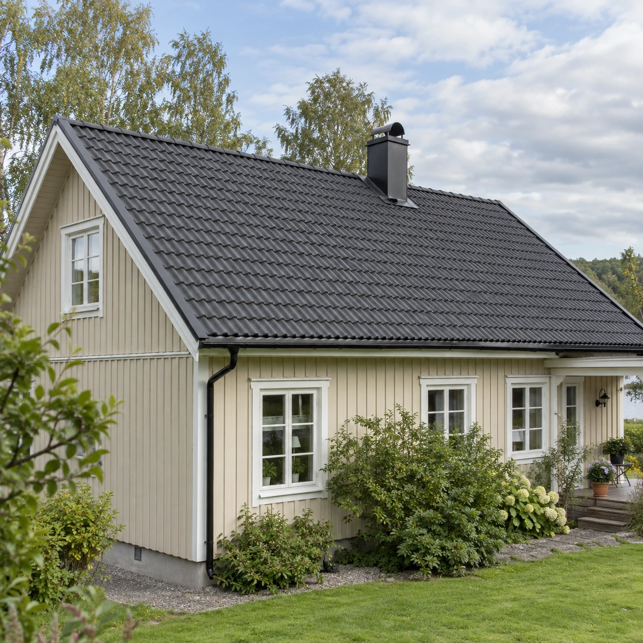 Nylagt tak med mörka betongpannor på ett ljust svenskt trähus i en grön trädgård.