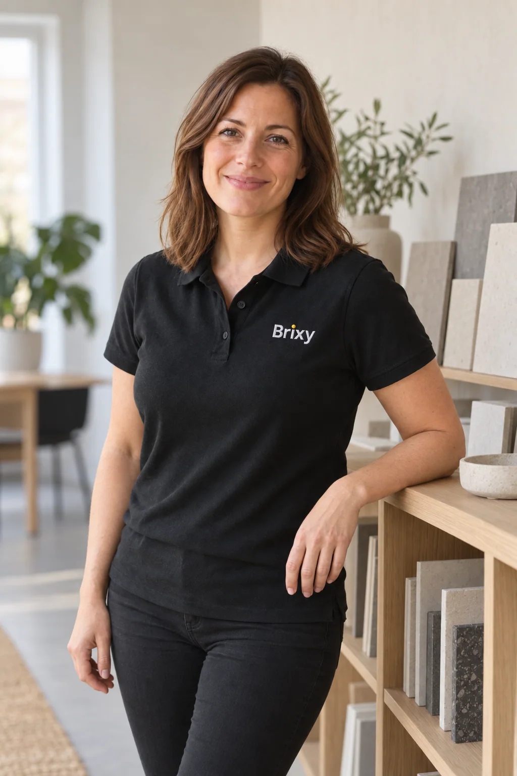 Kvinna i svart Brixy-piké står avslappnat vid en hylla med kakel- och stenprover.