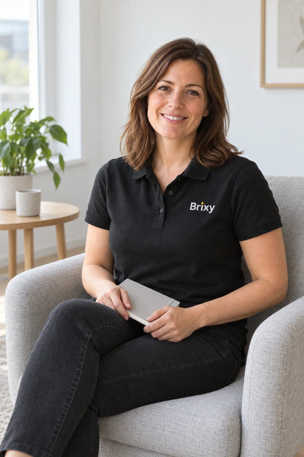 Kvinna i svart Brixy-piké sitter i en ljus fåtölj med en anteckningsbok i knät.